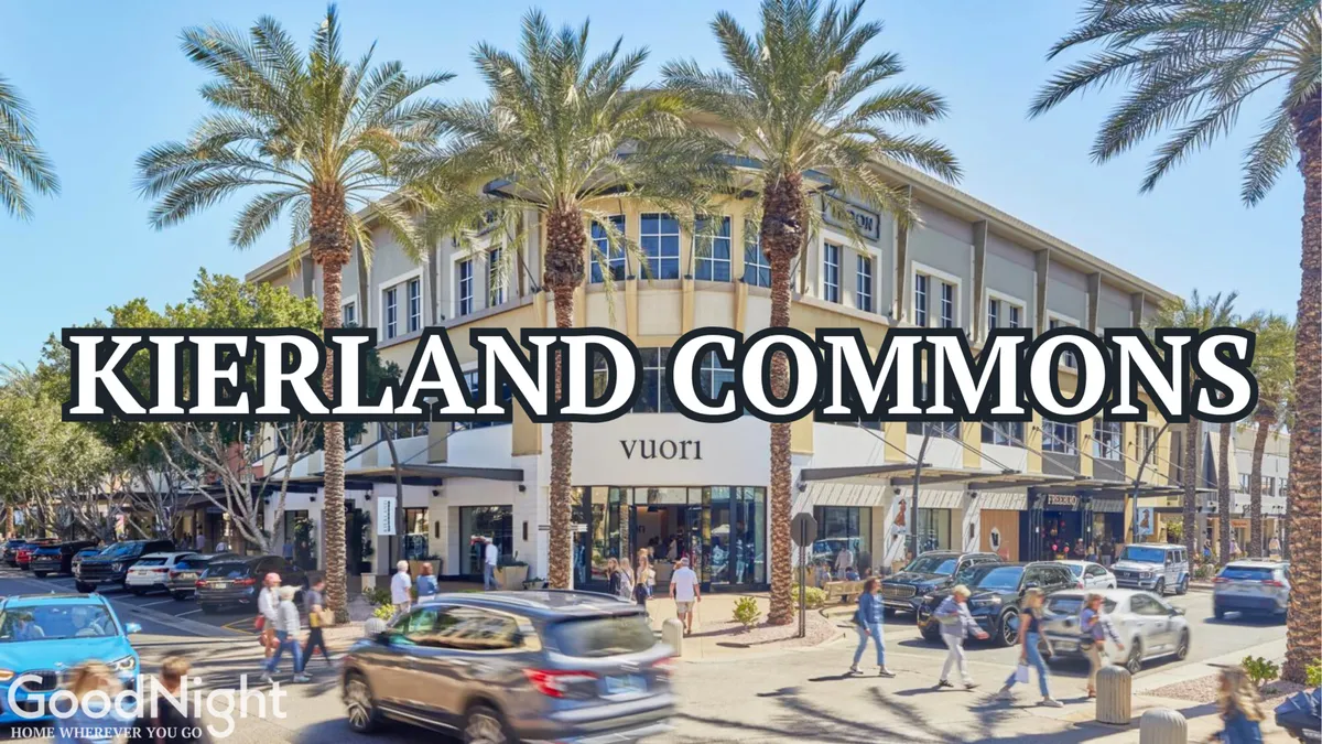 A lively street scene in Old Town Scottsdale featuring palm trees, storefronts with large windows, outdoor diners, and pedestrians mingling. The environment is vibrant, full of energy, and suggestive of a destination with endless possibilities for shopping and socializing.